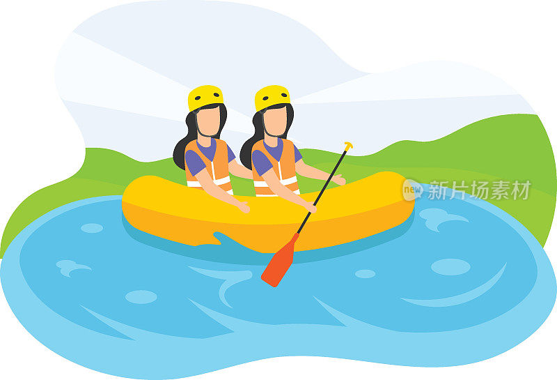 朋友坐在船上，握着桨的概念，在湖中央的水上运动矢量图标设计，户外周末活动符号，旅游假期场景标志，快乐的人在假期股票