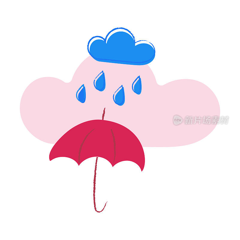 雨天的插图。雨滴落在粉红色的雨伞上。儿童插图