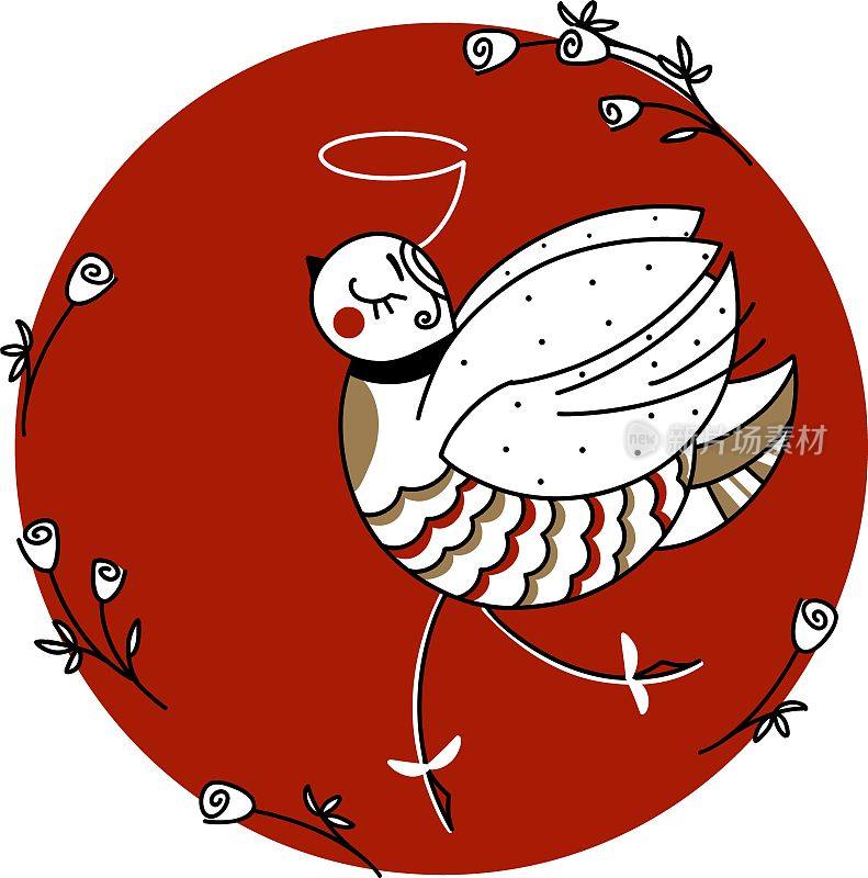 的性格。一只美丽甜美的白色小鸟。正在跳舞的芭蕾舞演员。红色圆圈中的设计元素。
