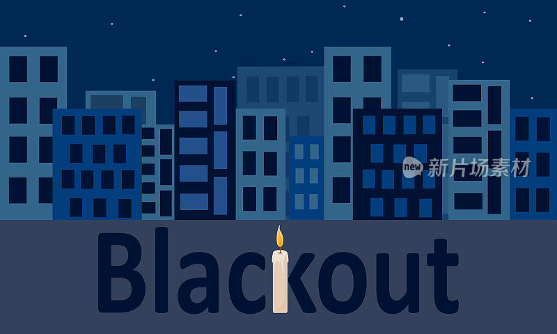 停电城市矢量插图。铭文停电与蜡烛在黑暗的背景。