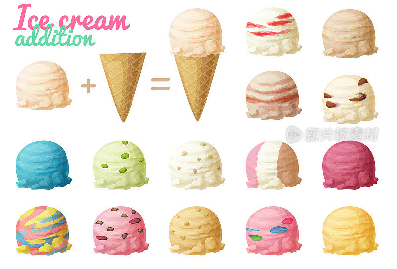 冰淇淋矢量插图，冰淇淋勺子和蛋筒卡通图标，香草巧克力草莓坚果片口味的软冰淇淋球