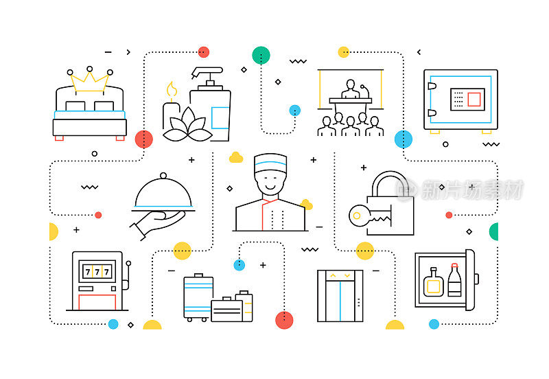 酒店服务和设施相关的线风格横幅设计网页，标题，小册子，年度报告和书籍封面