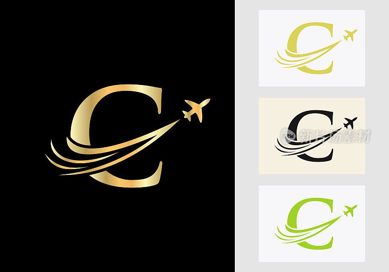 字母C旅行标志概念与飞行的飞机符号
