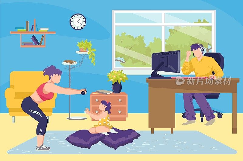 家庭在家里一起概念矢量插图。男人在家里用电脑工作，母亲和女儿做运动。