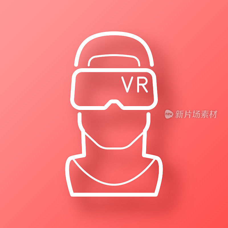 带着虚拟现实头盔的人-虚拟现实。图标在红色背景与阴影