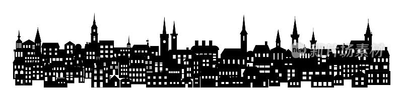 城镇剪影，城市天际线，屋顶的建筑物，工厂，教堂和房屋在夜间城市景观航空矢量插图。