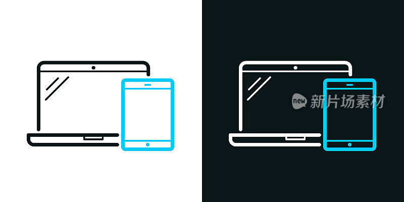 笔记本电脑和平板电脑。黑色或白色背景上的双色线图标-可编辑的笔画