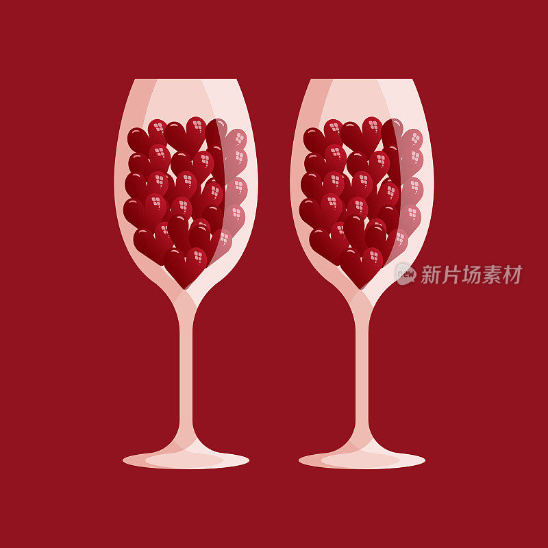 两个心形酒杯。两只酒杯里有许多红心。情人节概念。矢量插图。