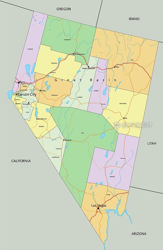 内华达州-高度详细的可编辑的政治地图与标签。
