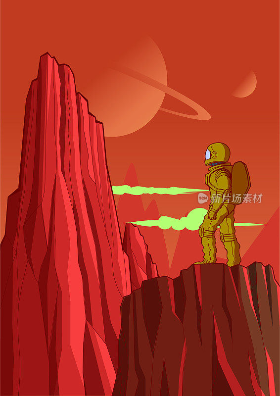 矢量Solo宇航员降落在一个新的星球卡通海报插图
