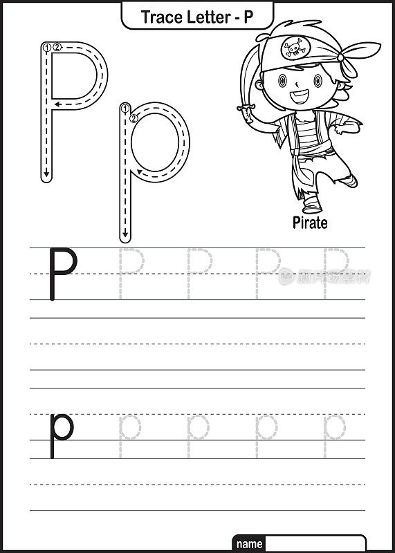 字母跟踪字母A到Z学龄前工作表与字母P海盗亲矢量
