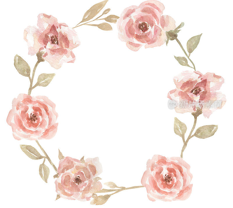 腮红粉色古董玫瑰花环剪纸，米色和淡色的花束，奶油花园花框印刷，牡丹和米色的叶子，婚礼手绘水彩安排。