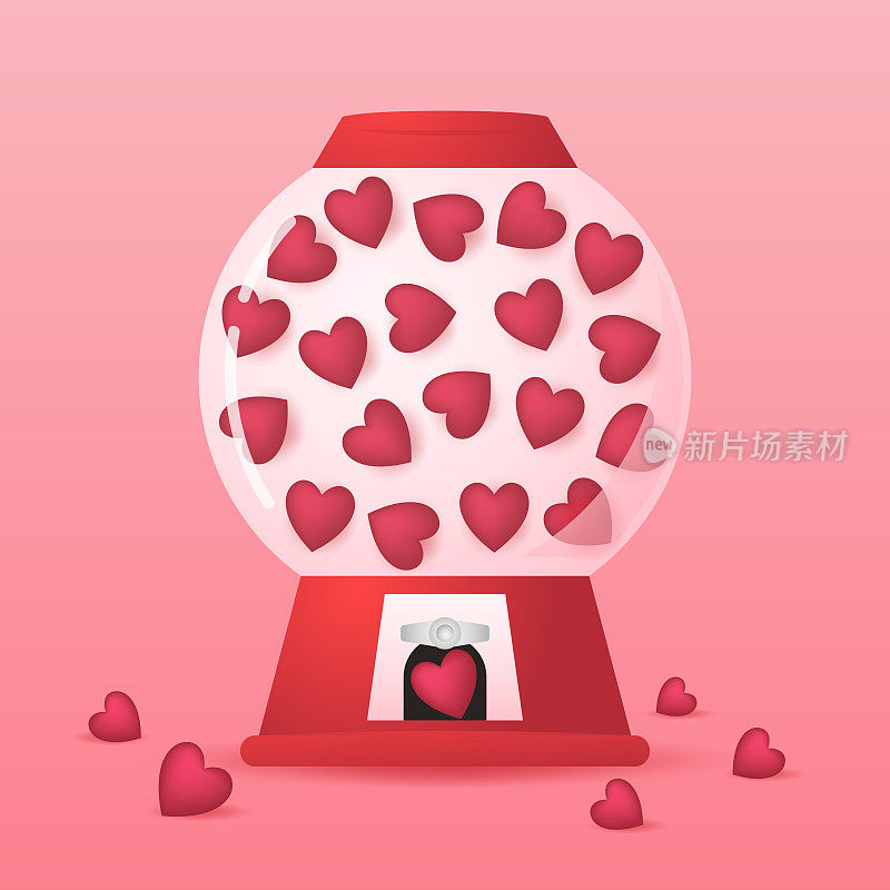 心脏在自动售货机充满红色、蓝色和白色泡泡糖心形在粉红色的背景。透明玻璃插图。情人节。