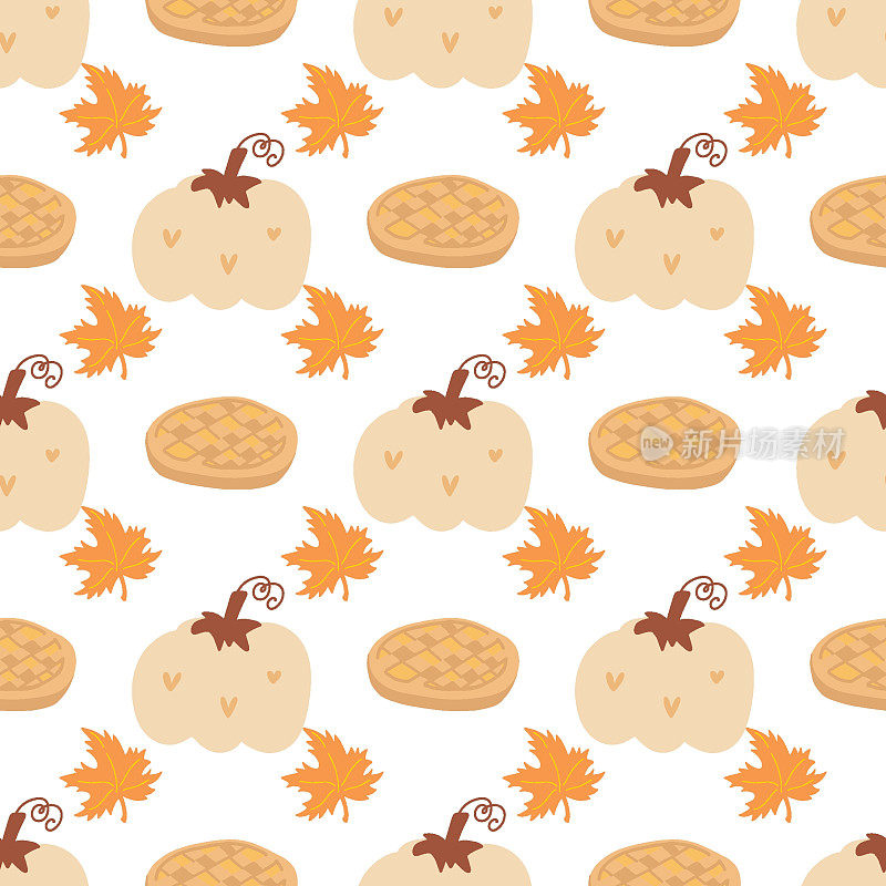 南瓜矢量图案。秋日农家乐天衣无缝的背景。感恩节南瓜配苹果派和树叶