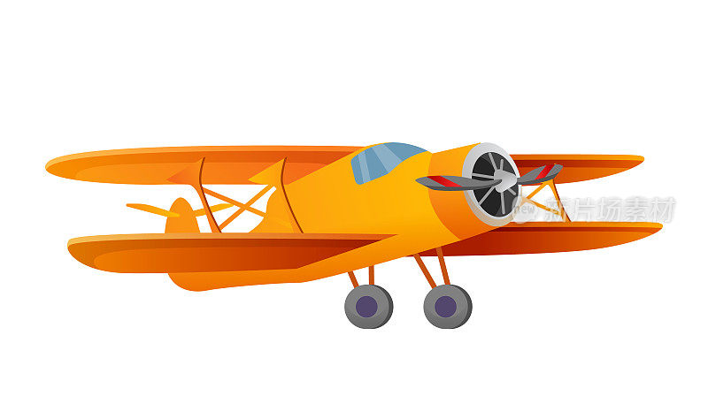 白色背景上螺旋桨孤立的轻型发动机飞机。飞机飞行运输。旅客的航空运输。橙色平面用于在田间处理肥料。矢量图