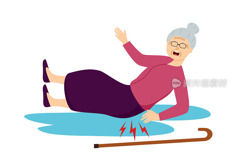 在白色背景的平面设计中，老年妇女滑倒在潮湿的地板上。小心潮湿的地板。