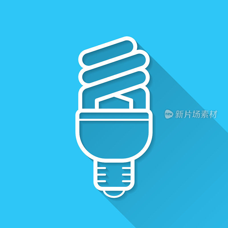 荧光灯灯泡。图标在蓝色背景-平面设计与长阴影