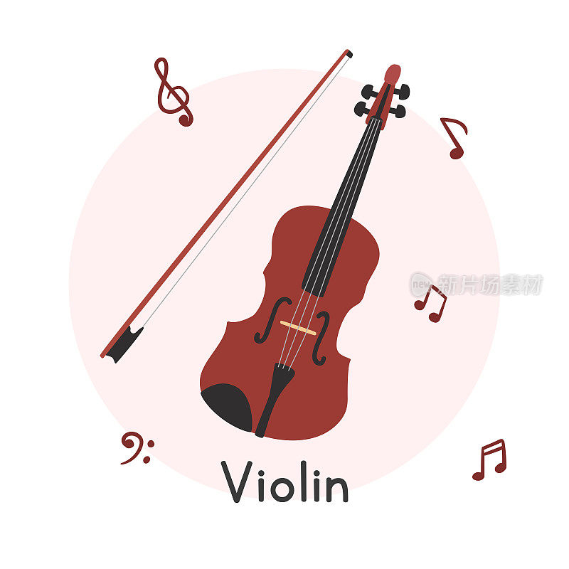 小提琴与弓剪贴画卡通风格。简单可爱的棕色小提琴弦乐器平面矢量插图。弦乐器手绘涂鸦风格。小提琴矢量设计