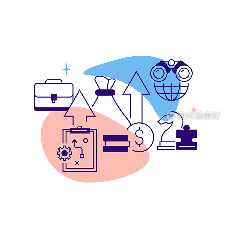 商业价值相关线横幅设计。团队合作，合同，战略，财务，领导力