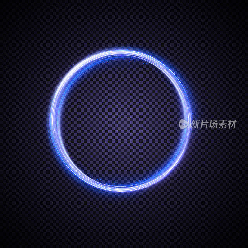 抽象的霓虹蓝环。以快速的螺旋运动旋转的明亮的光柱。淡金色的漩涡。曲线金线光效果。向量