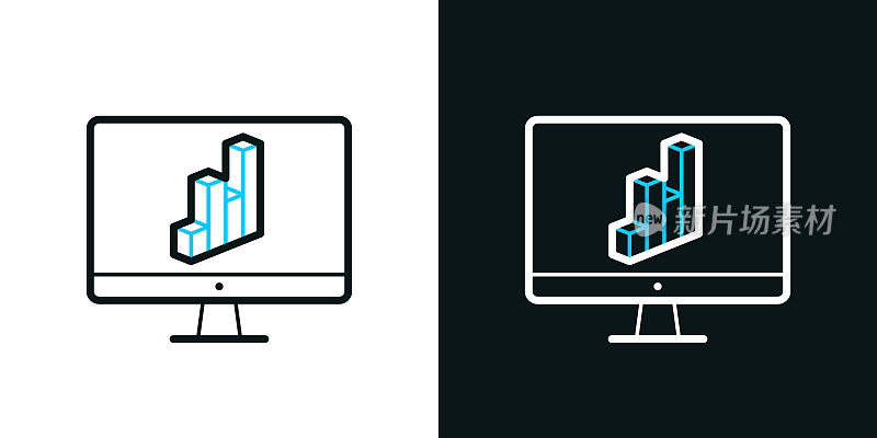 桌面电脑与3D图表。黑色或白色背景上的双色线条图标-可编辑笔触