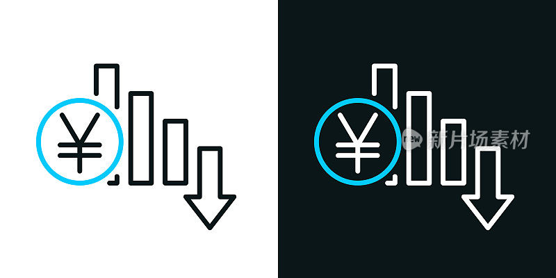 日元汇率下跌。黑色或白色背景上的双色线条图标-可编辑笔触