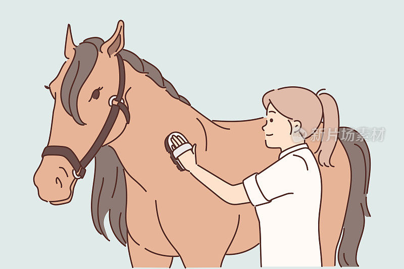 女骑手在重要比赛前梳理纯种马的鬃毛，照顾纯种马