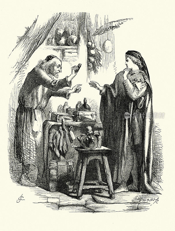 药剂师卖给罗密欧毒药，选自威廉・莎士比亚的《罗密欧与朱丽叶》，约翰・吉尔伯特插画，19世纪维多利亚时代