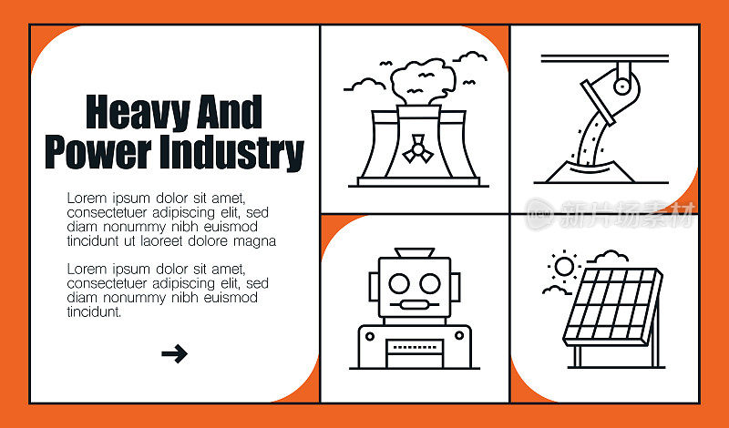 重型和电力工业线图标集和横幅设计。设计是可编辑的，颜色可以改变。矢量创意图标集:发电厂，工厂，油泵，煤矿开采，能源，工业，污染