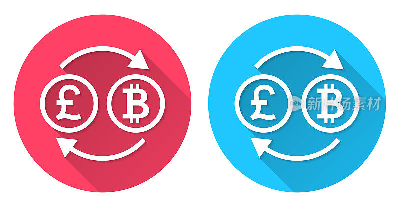 货币兑换-英镑比特币。圆形图标与长阴影在红色或蓝色的背景