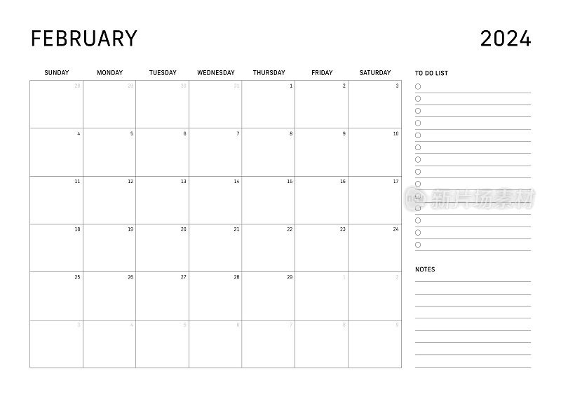 周日开始2024年2月的月历，包括待办事项清单和笔记