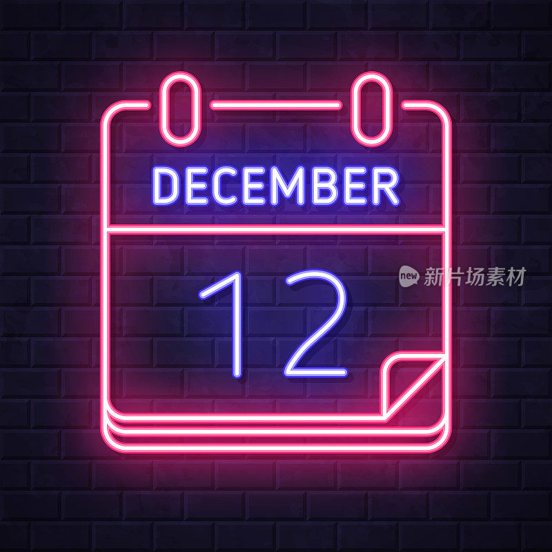 12月12日。在砖墙背景上发光的霓虹灯图标