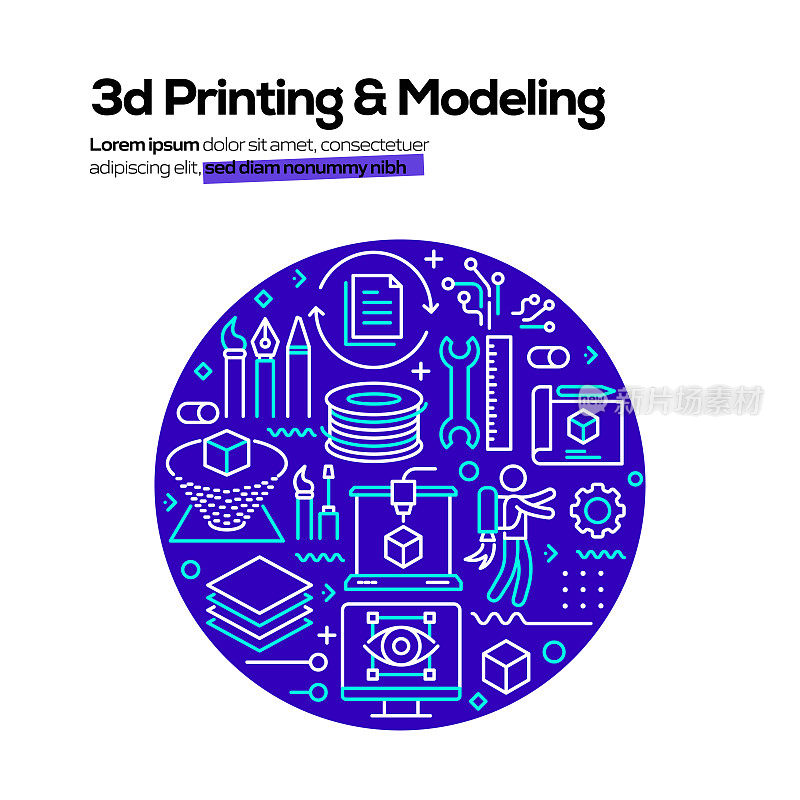 3D打印和建模相关的横幅设计网页，标题，小册子，年度报告和书籍封面