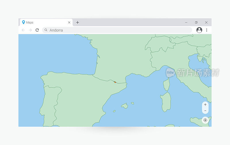 浏览器窗口与安道尔地图，搜索安道尔在互联网。