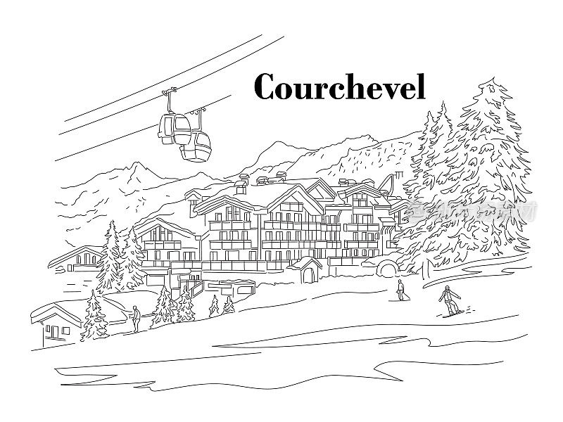 冬天的Courchevel。人滑雪。滑雪胜地。向量的线性图
