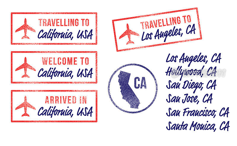 加州航空旅行橡胶邮票矢量插图