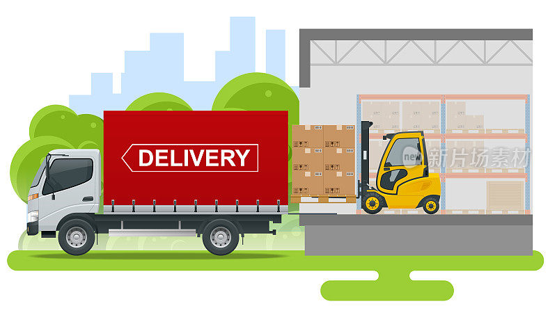 等距物流和交付概念。送货回家和办公室。物流，仓库，货运，货物运输。存储货物。