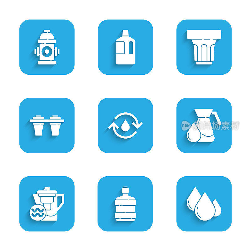 设置回收清洁水，大瓶装水，水滴，水罐玻璃，水罐过滤器，玻璃和消防栓图标。向量