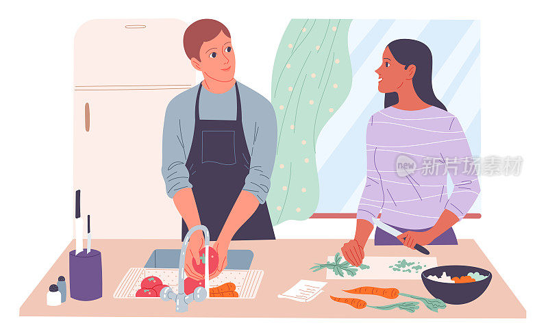 年轻夫妇在家做饭。男人洗菜，女人切菜。