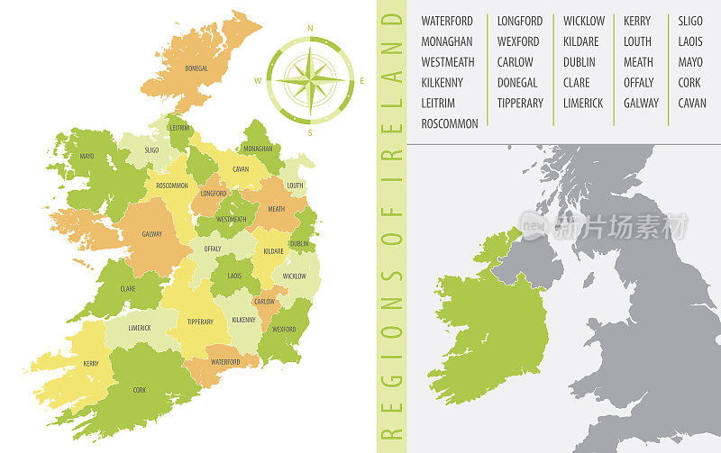 详细的爱尔兰地图与国家的行政区划，颜色矢量插图