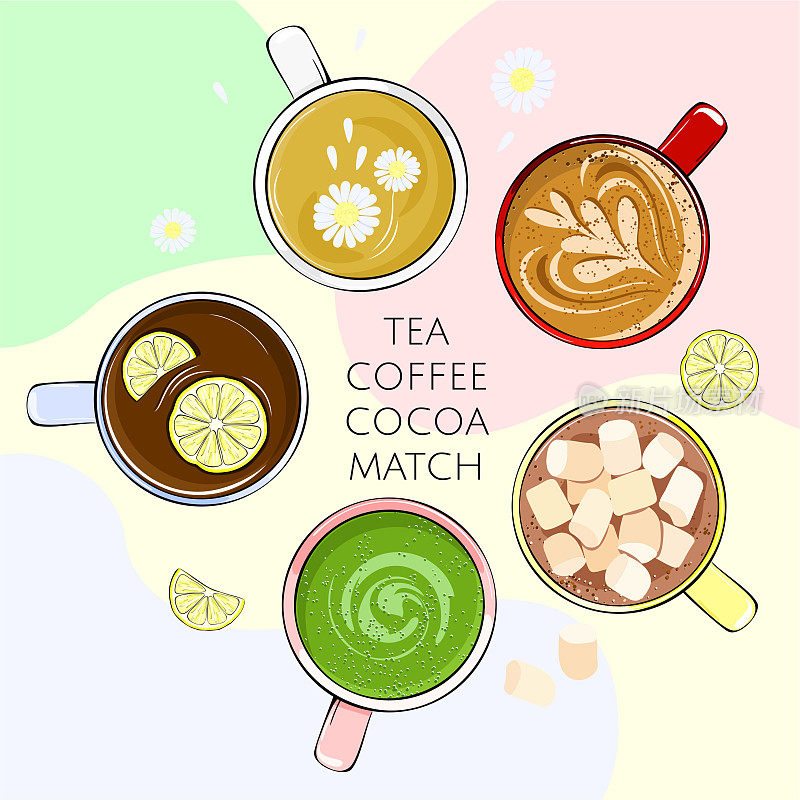 温饮料设置在向量。红茶，热茶加柠檬，拿铁，抹茶，可可加棉花糖，绿茶加甘菊。