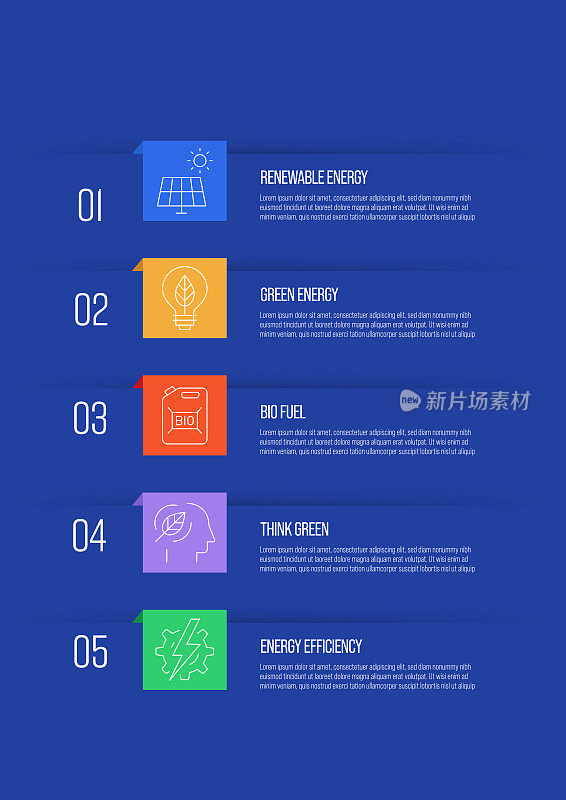 电力和能源概念矢量线信息图设计与图标。5选项或步骤的表示，横幅，工作流程布局，流程图等。