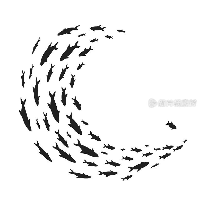 剪影学校的鱼与各种大小的海洋生物游泳鱼平面风格的设计矢量插图。股票插图
