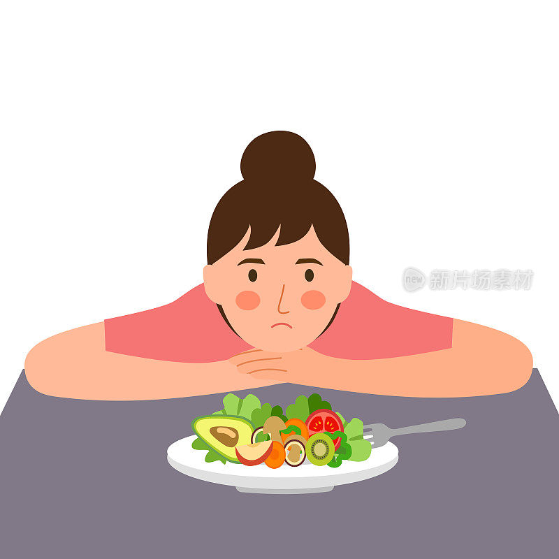 女人感觉不饿概念向量插图上的白色背景。女性无法进食。