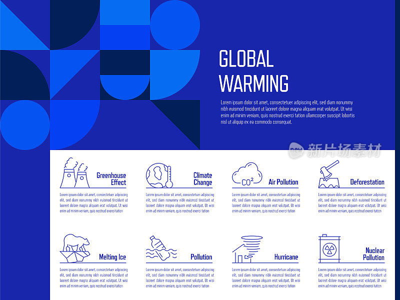 全球变暖概念矢量线信息图形设计图标。8选项或步骤的介绍，横幅，工作流程布局，流程图等。