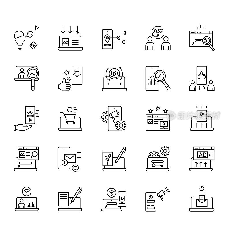 数字营销线图标集。可编辑的中风