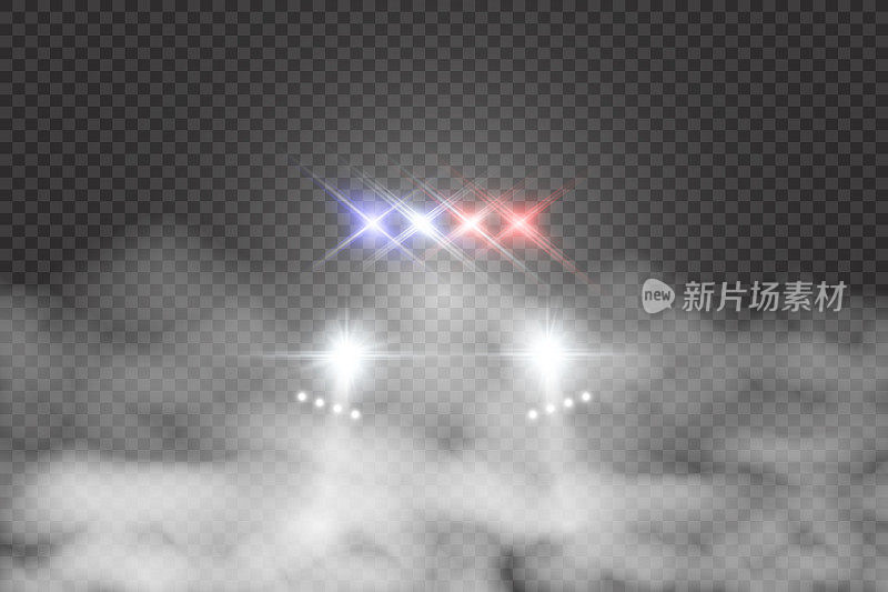 逼真的白色发光圆形光束的汽车前灯，孤立在透明的背景。辆警车。光从车头灯。警察巡逻。