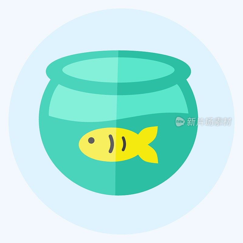 鱼缸图标中的鱼在时尚平面风格孤立在软蓝色背景