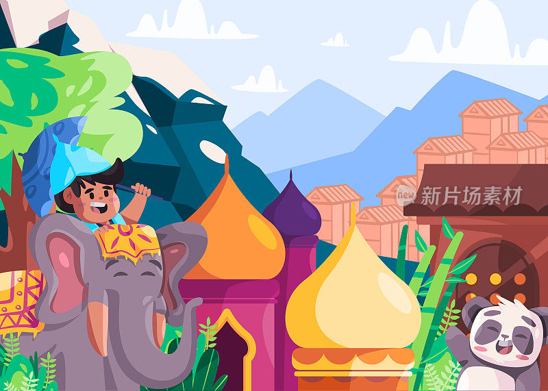彩色插画旅游在喜马拉雅中国和印度的孩子骑大象熊猫竹子和建筑地标
