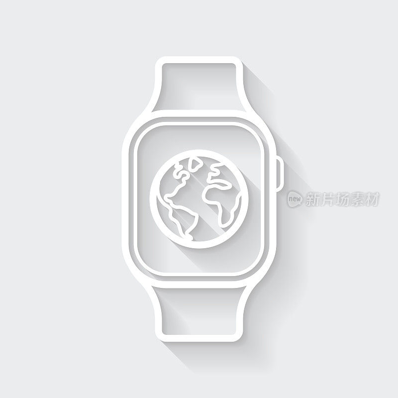 Smartwatch与地球。图标与空白背景上的长阴影-平面设计